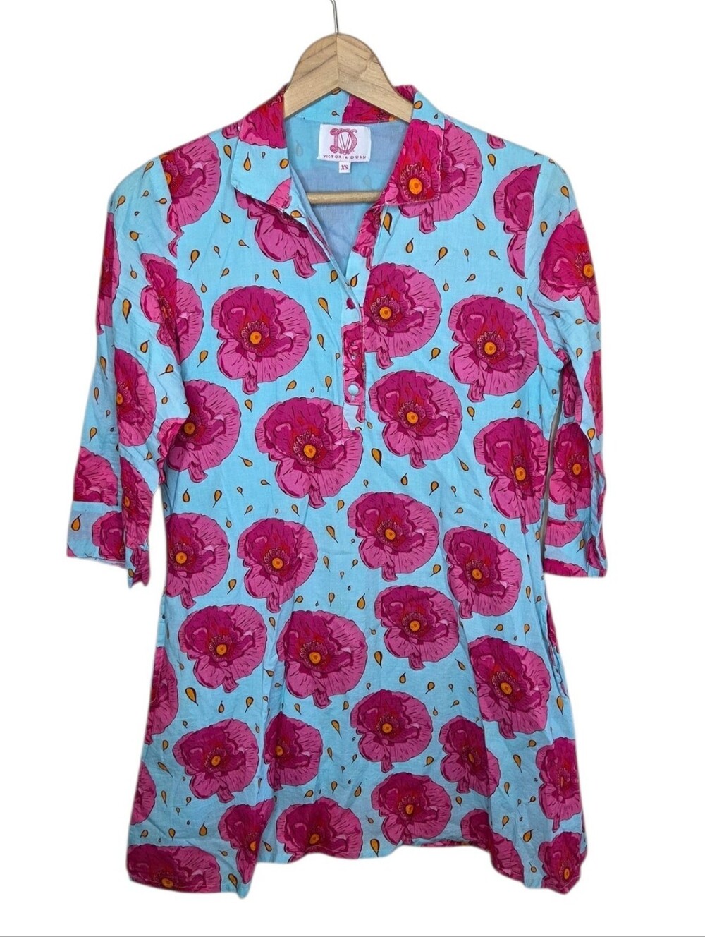Victoria Dunn Bright Pink Blue Floral Block Print 3/4 Sleeve Mini Dress Size XS